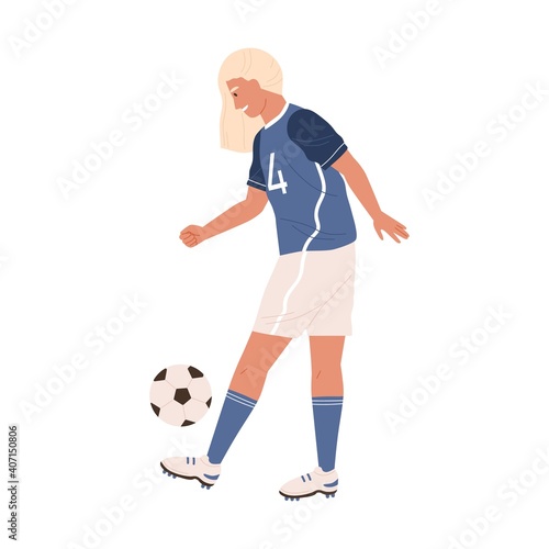 Young female soccer player exercising and kicking ball up. Woman in blue sports uniform, boots and football stockings. Colorful flat vector illustration isolated on white background