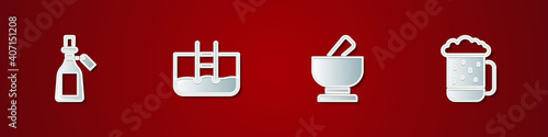 Set Essential oil bottle, Swimming pool with ladder, Mortar and pestle and Wooden beer mug icon. Vector.