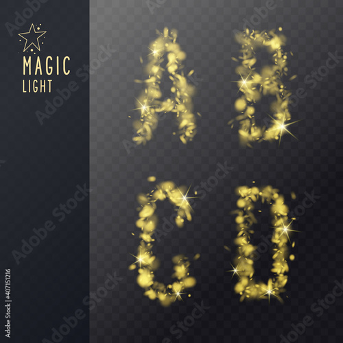Decorative letters of the Latin alphabet. Capital letters consisting of transparent gold particles.