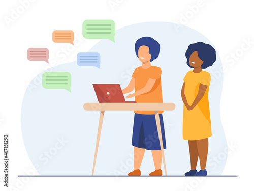 Kids chatting online. Diverse couple of children using computer, texting messages. Flat vector illustration. Communication, childhood concept for banner, website design or landing web page
