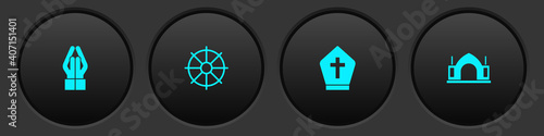 Set Hands in praying position, Dharma wheel, Pope hat and Hindu spiritual temple icon. Vector.