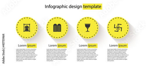 Set Christian icon, The commandments, Holy grail or chalice and Hindu swastika. Business infographic template. Vector.