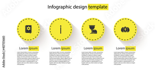 Set Jewish torah book, Burning candle, Holy grail chalice and Easter egg. Business infographic template. Vector.