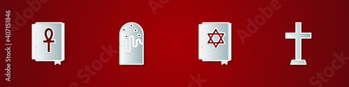 Set Cross ankh book, Easter cake, Jewish torah and Christian cross icon. Vector.