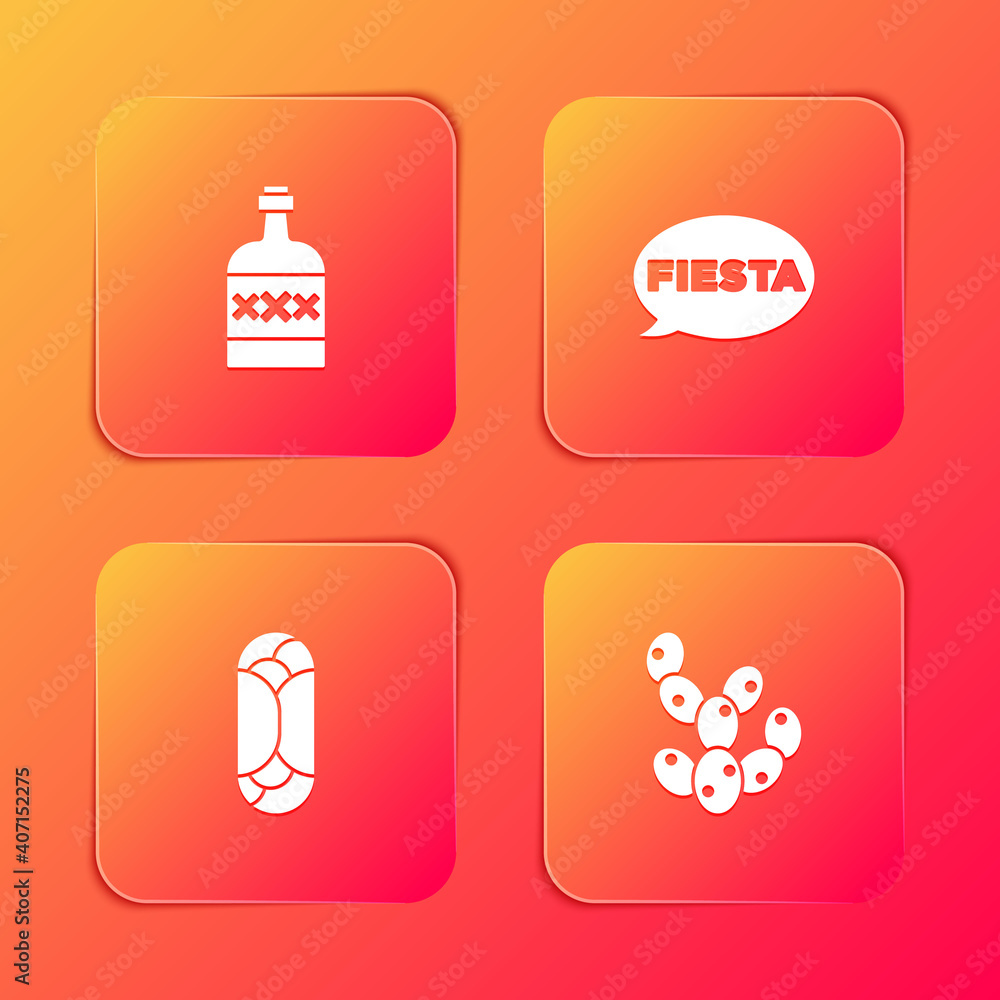 Set Tequila bottle, Fiesta, Burrito and Cactus icon. Vector. Set Tequila bottle, Fiesta, Burrito and Cactus icon. Vector.