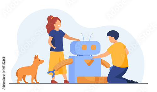 Kids creating or using robot. Dog, pet feeding machine, children. Flat vector illustration. Robotics, engineering, education concept for banner, website design or landing web page