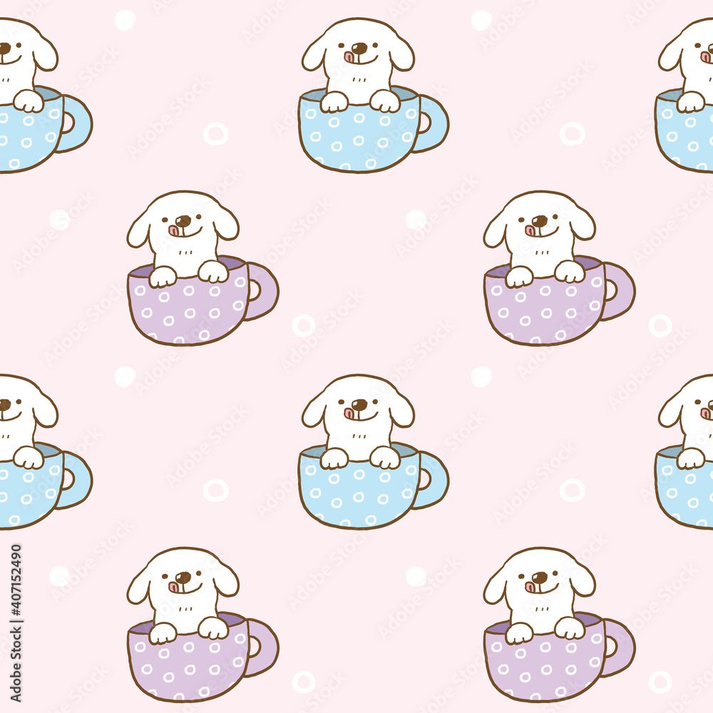 Fototapeta premium Seamless Pattern with Cartoon Dog in Coffee Cup Illustration Design on Light Pink Background