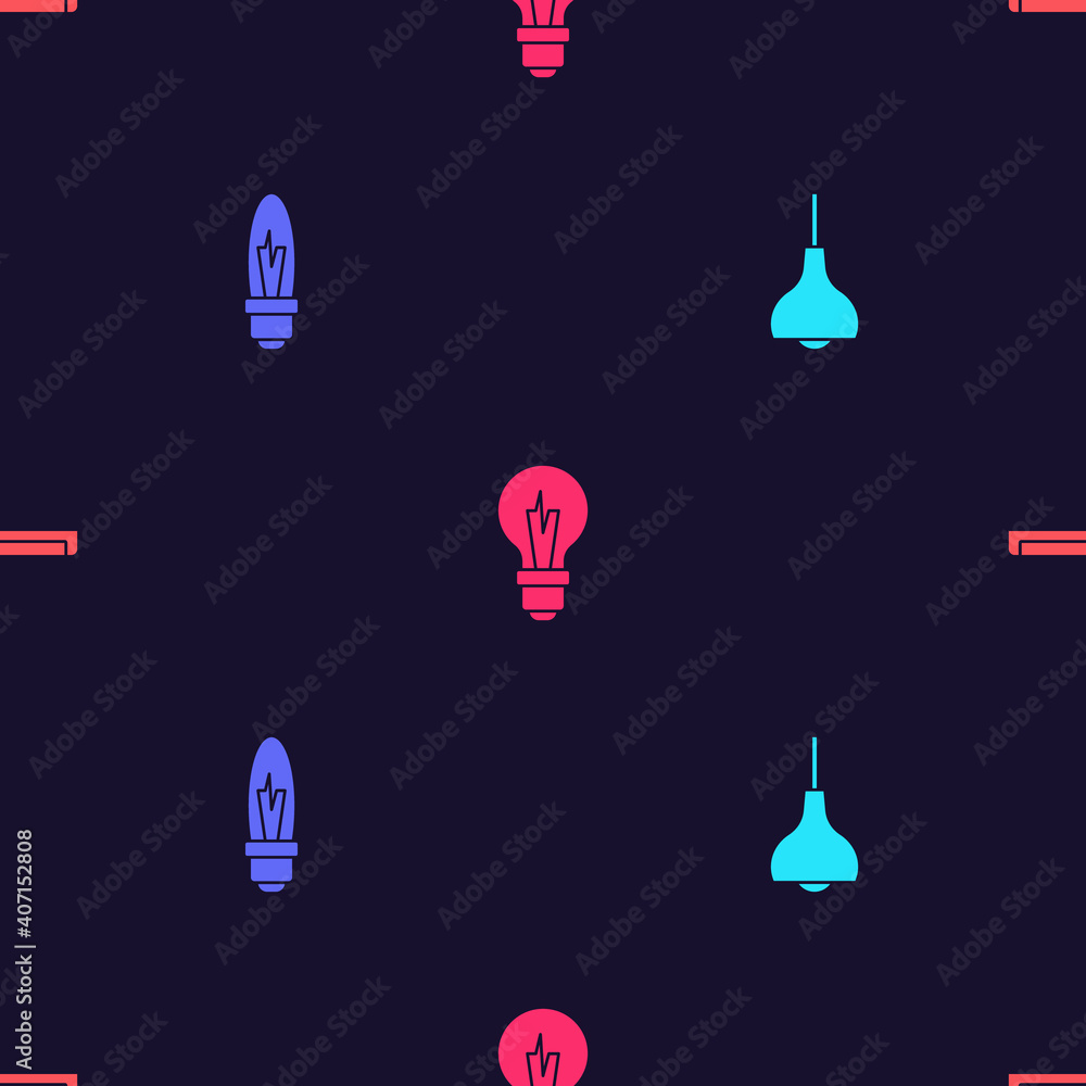 Set Lamp hanging, Light bulb, and Fluorescent lamp on seamless pattern. Vector.
