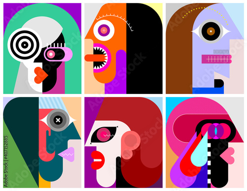 Six People Portraits modern art vector illustration. Six different faces.