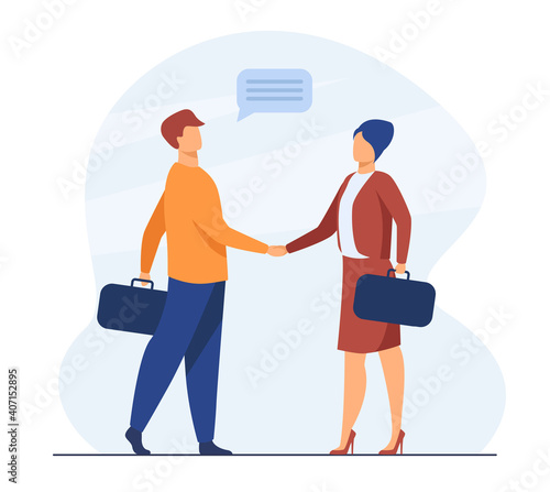 Business partners saying hello or closing deal. Man and woman shaking hand. Flat vector illustration. Hiring, cooperation concept for banner, website design or landing web page