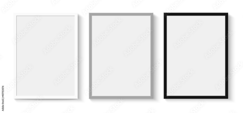 Set of white, gray and black frames with shadow on gray wall for interior design. Vector stock illustration. Set of white, gray and black frames with shadow on gray wall for interior design. Vector stock illustration.