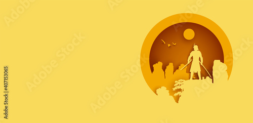 Paper Cut style, Silhouette of Japanese samurai with sword standing at sunset, Vector