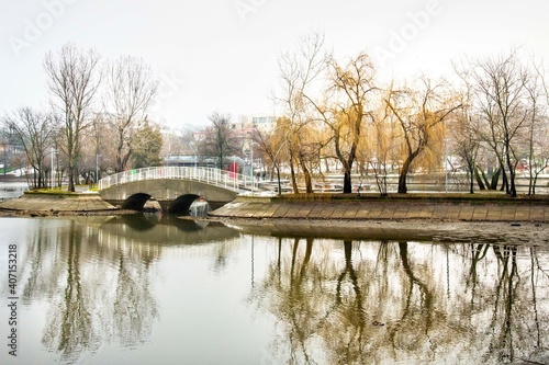 Outdoor scenery in public park in Bucharest.Beautiful scenery on a cold day after a snowy day.Landscape photography