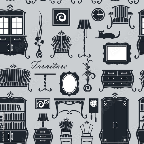 seamless pattern of vintage home interior with soft and cabinet furniture