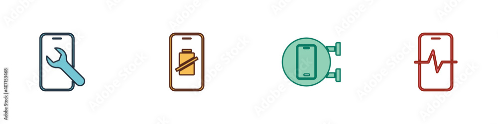 Set Mobile service, Smartphone battery charge, Phone repair and icon. Vector. Set Mobile service, Smartphone battery charge, Phone repair and icon. Vector.