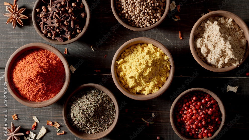 TOP VIEW: Spices and herbs. Variety of colourful seasoning. TOP VIEW: Spices and herbs. Variety of colourful seasoning.