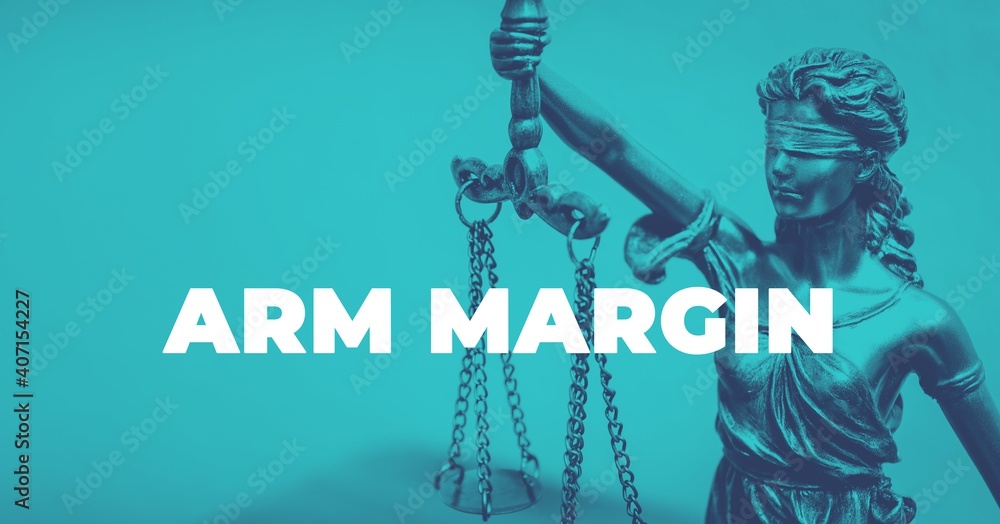 Naklejka premium ARM Margin. Close-up of a Lady Justice Statue. Duotone blue with white text. Law and lawyer symbol.