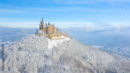Aerial view of the Castle Hohenzollern in Germany by snowy winter