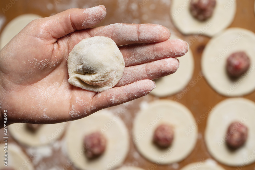 Dumplings making process, dough and minced meat Dumplings making process, dough and minced meat