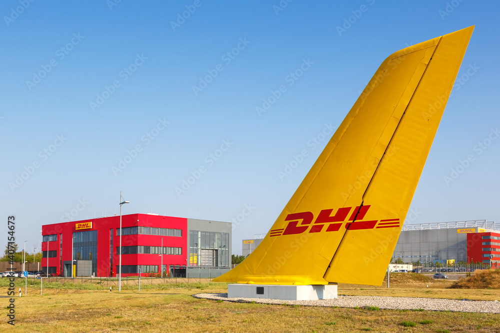 Foto Stock DHL Hub Leipzig Halle LEJ Airport airplane tail in Germany |  Adobe Stock
