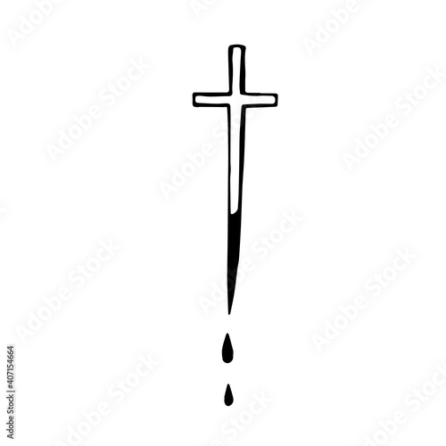 Cross with a sharp end with flowing blood. Aspen stake for killing a vampire. Hand drawn doodle black outline sketch halloween engraving tattoo. Stock vector illustration isolated on white background.