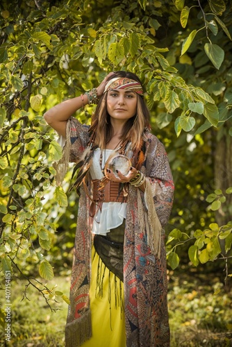 Gypsy woman predict future  Boho mystical style. Gypsy lady with a magical stuff  esoteric and magic concept. Modern vintage elements