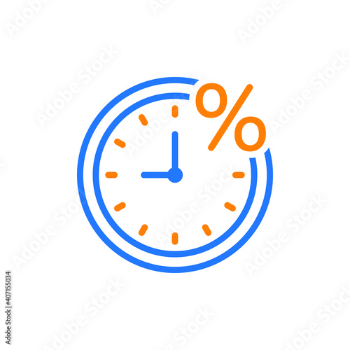 Clock and percent. Loan timing icon concept isolated on white background. vector illustration