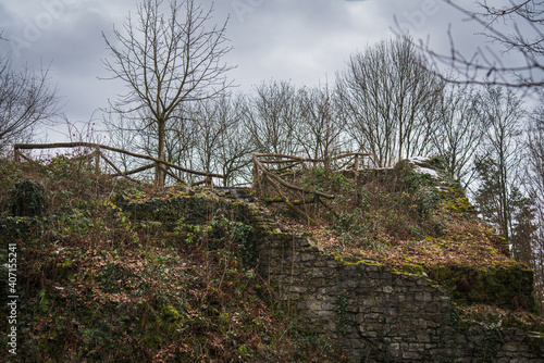 A bare tree a wooden fence on the remains of a ruined medieval castle on a winter day.