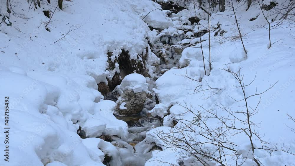 Small stream flowing in amazing pristine nature in winter season. White snow covers the landscape. Cold weather in Alpine valley, Slovenia. Static shot, real time Small stream flowing in amazing pristine nature in winter season. White snow covers the landscape. Cold weather in Alpine valley, Slovenia. Static shot, real time