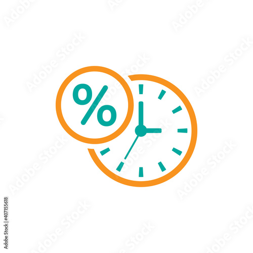 Clock and percent. Loan timing icon concept isolated on white background. vector illustration