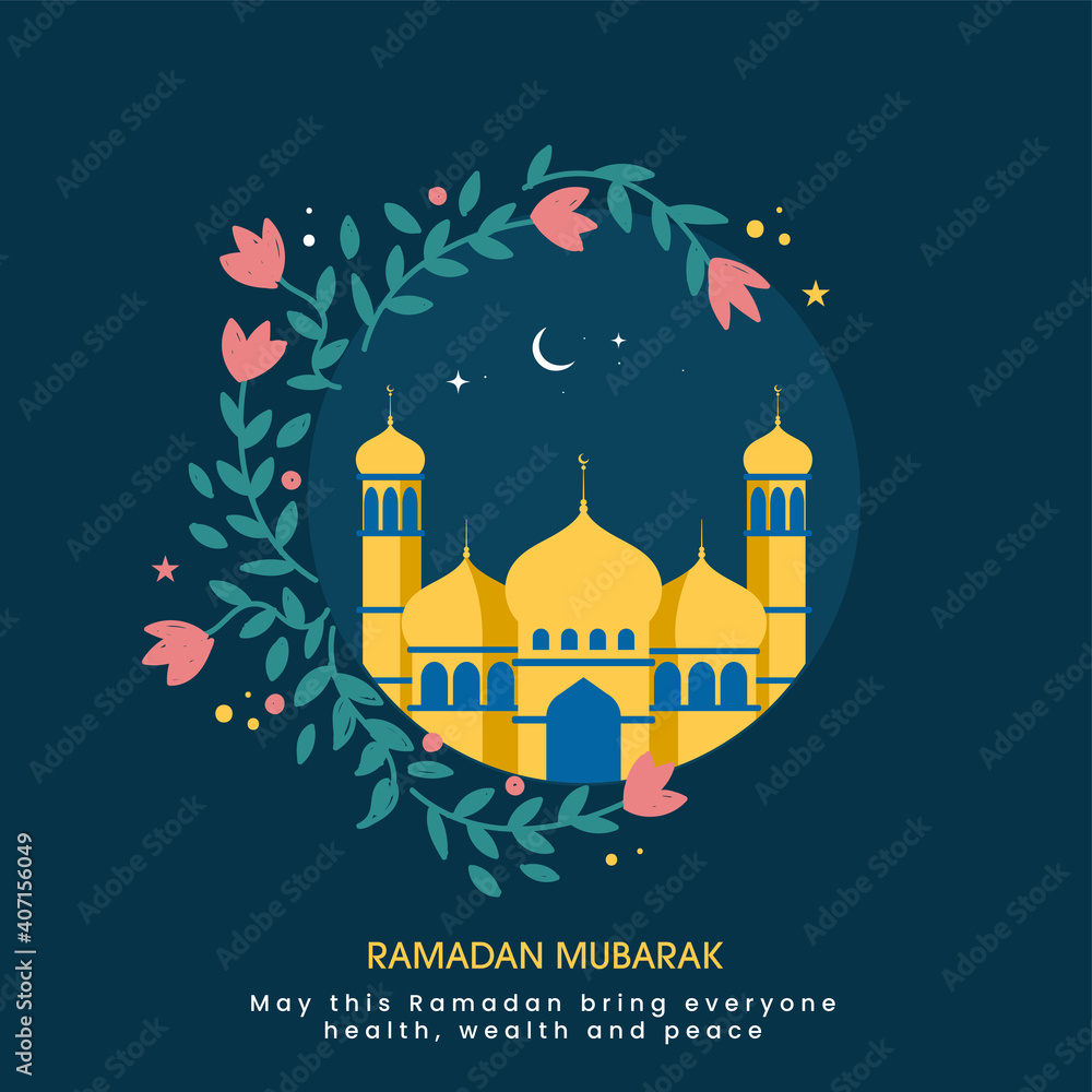 Ramadan Mubarak Celebration Concept With Mosque Illustration And Floral Decorated On Teal Blue Background.