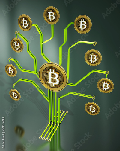 Fictitious crypto coins hanging on PCB tree branchs. 3D illustration