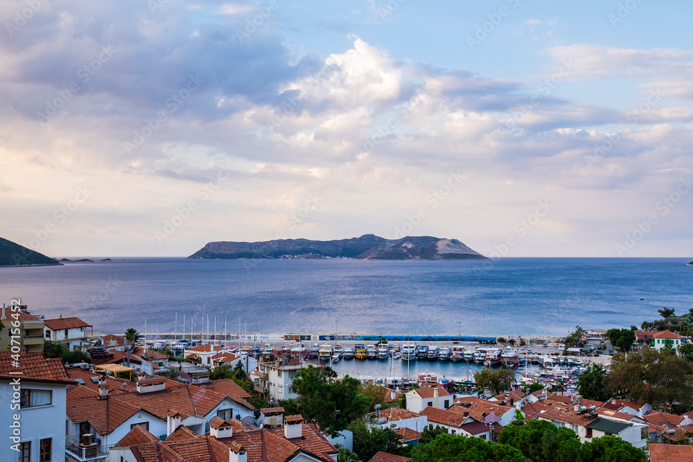 Beautiful view of Kas town on Mediterranean coast, Turkey and Greek Island of Meis