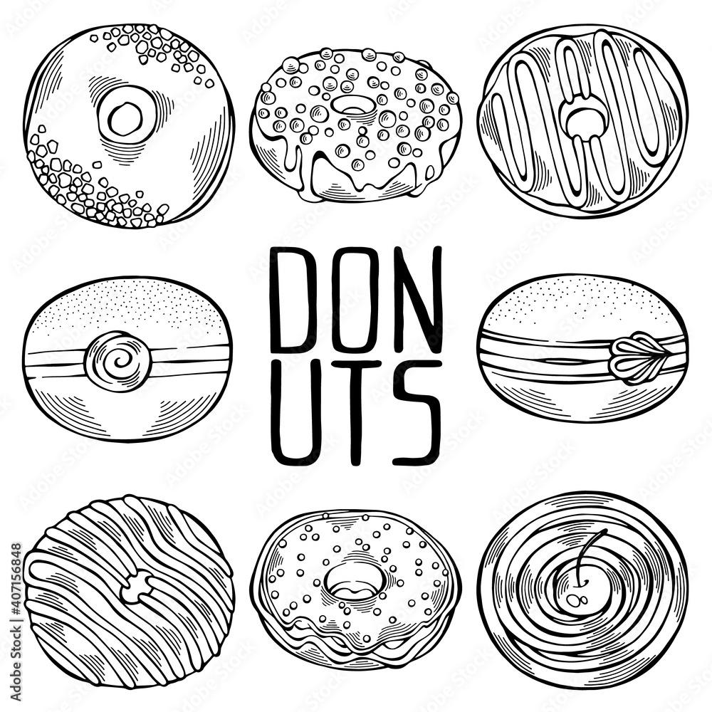 Hand drawn set of cartoon black and white donuts with different sprinkles isolated on white background. Pastry for menu design, cafe decoration and delivery box glazed cover. Vector illustration