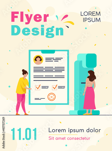 Woman standing at mammography machine for examination and disease diagnosis. Doctor holding patients medical report. Vector illustration for breast cancer prevention or medical technology concept
