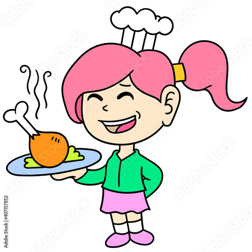 Little girl tries to be a chef serving food, doodle draw kawaii. vector illustration art