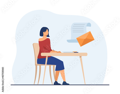 Woman writing paper letter. Envelope, message, handwriting. Flat vector illustration. Mail, paperwork, correspondence concept for banner, website design or landing web page