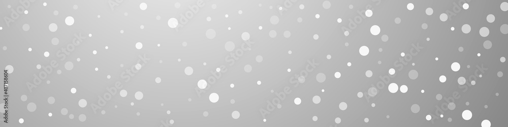 White dots Christmas background. Subtle flying snow flakes and stars on grey background. Bold winter silver snowflake overlay template. Pleasing panoramic illustration.