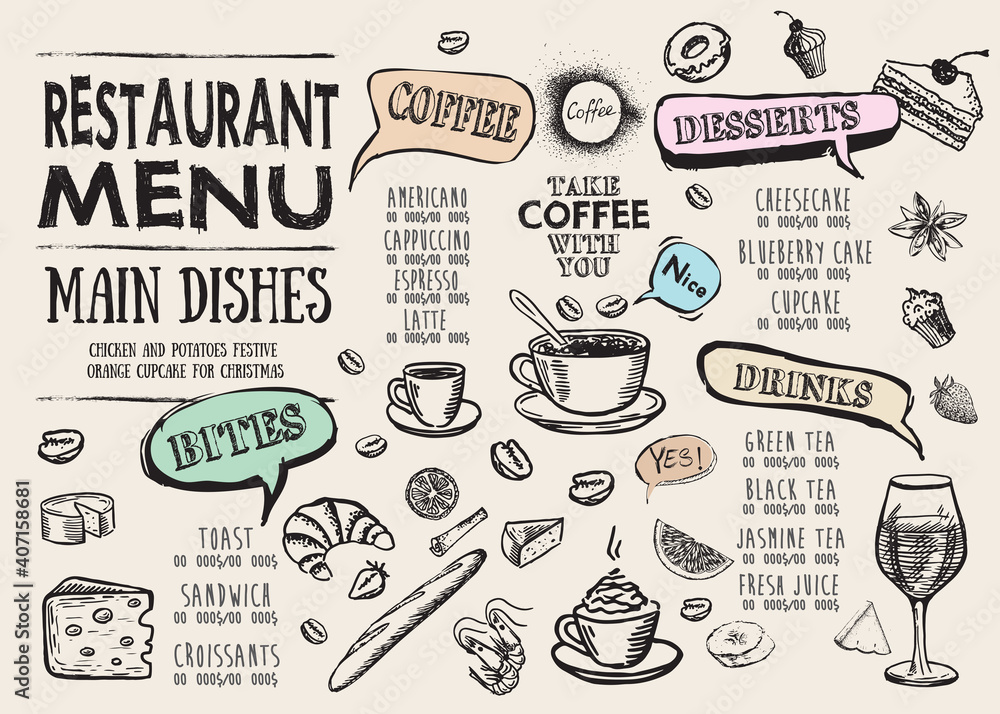 Coffee menu. Food flyer. Vector illustration.