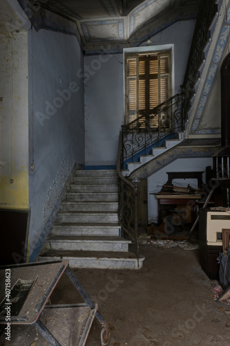 Italy  January 20  2021. Old staircase in an abandoned villa in the Italian countryside.