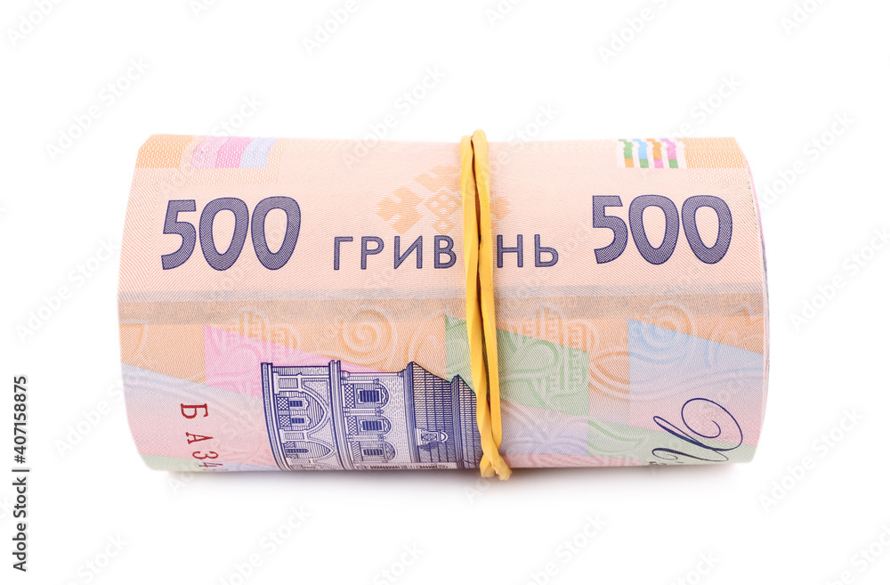 Roll of Ukrainian money on white background Roll of Ukrainian money on white background