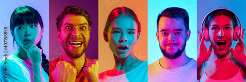 Collage of portraits of young emotional people on multicolored background in neon. Concept of emotions, facial expression, sales. Listening to music, delighted, thoughtful, winner. Flyer for ad, offer