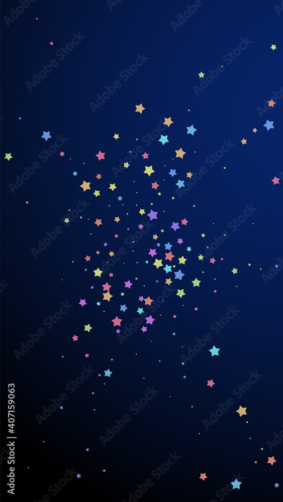 Festive bold confetti. Celebration stars. Colorful stars random on dark blue background. Fresh festive overlay template. Vertical vector background. Festive bold confetti. Celebration stars. Colorful stars random on dark blue background. Fresh festive overlay template. Vertical vector background.