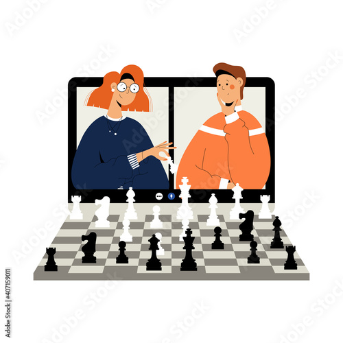 Two people plays chess online. Man and woman competing in chess from their laptop. Distant leisure activity concept vector illustration. Chess tournament at online chess club