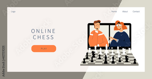 Online chess landing page. Two people plays chess online. Man and woman competing in chess from their laptops. Distant leisure activity concept illustration. Chess tournament at online chess club.