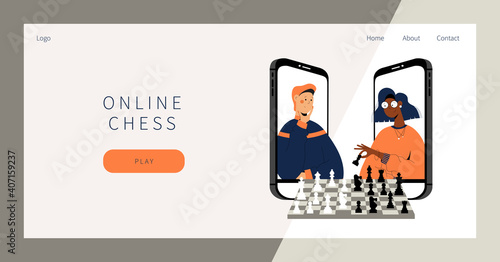Online chess landing page. Two people plays chess online. Man and woman competing in chess from their smartphones. Distant leisure activity concept illustration. Chess tournament at online chess club