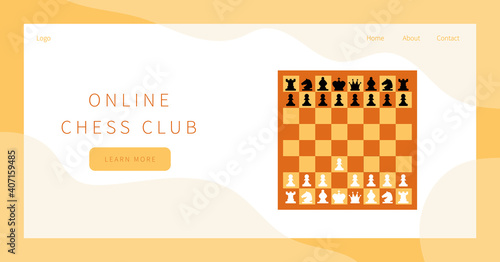 Online chess club landing page. Checkered wood chess board with chess pieces. Chessman in flat style. Game figures illustration. Strategy game, intelligent hobby activity, competition or tournament