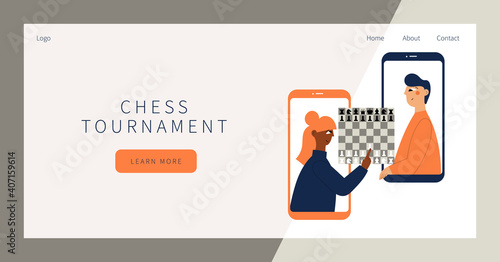 Chess tournament landing page. Two people plays chess online. Man and woman competing in chess from their smartphones. Distant leisure activity concept. Chess tournament at online chess club.