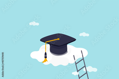 High education, cost and expense to graduate high degree education concept, graduation cap on high cloud with ladder.