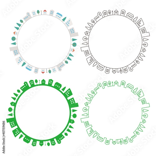 Circle cityscape frame vector illustration 街並みのフレームセット